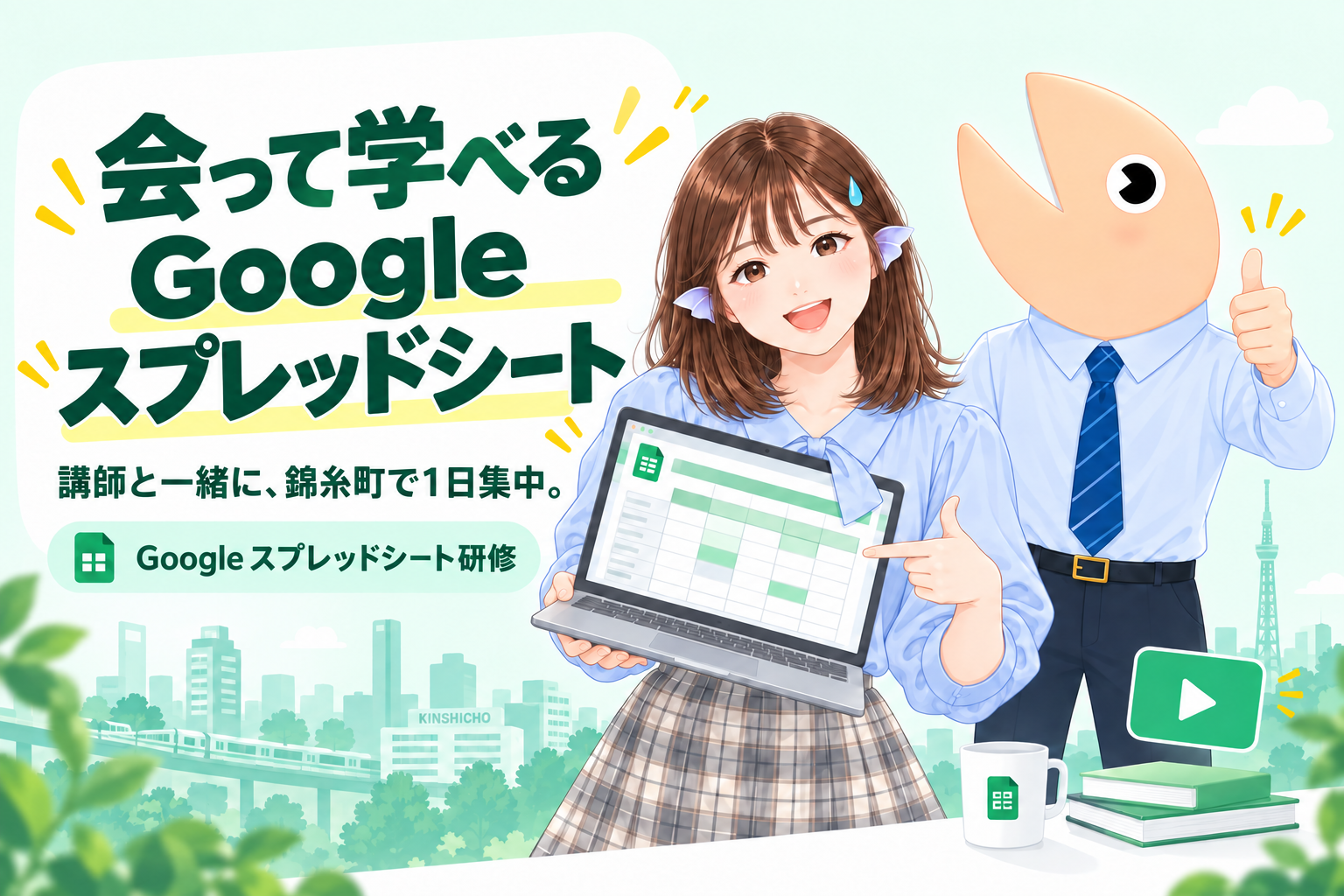 会って学べる Google スプレッドシート。講師と一緒に、錦糸町で1日集中。ココさんとシャケモンがノートパソコンとともにご案内。
