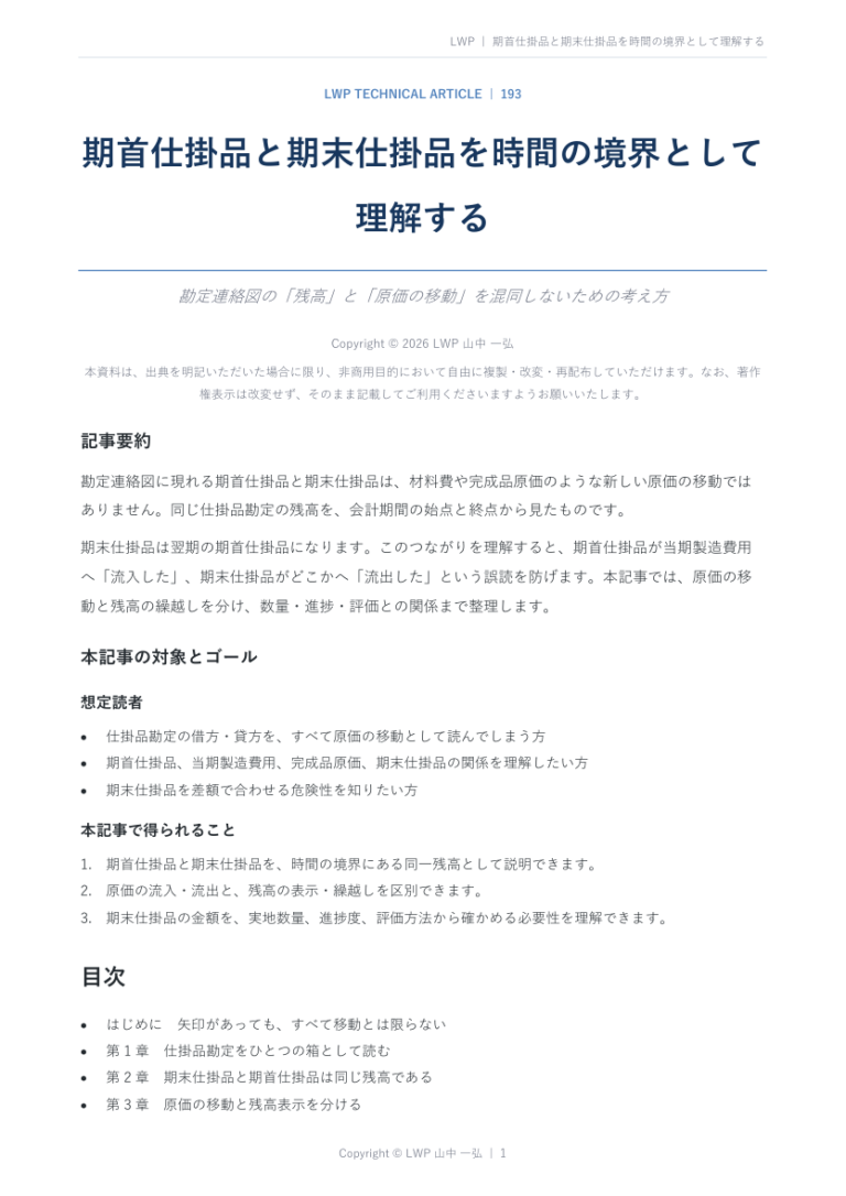 期首仕掛品と期末仕掛品を時間の境界として理解するの原稿冒頭プレビュー