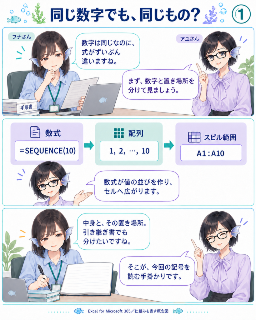 数式が配列を返し、その値がA1:A10へスピルする流れを二人で整理する。