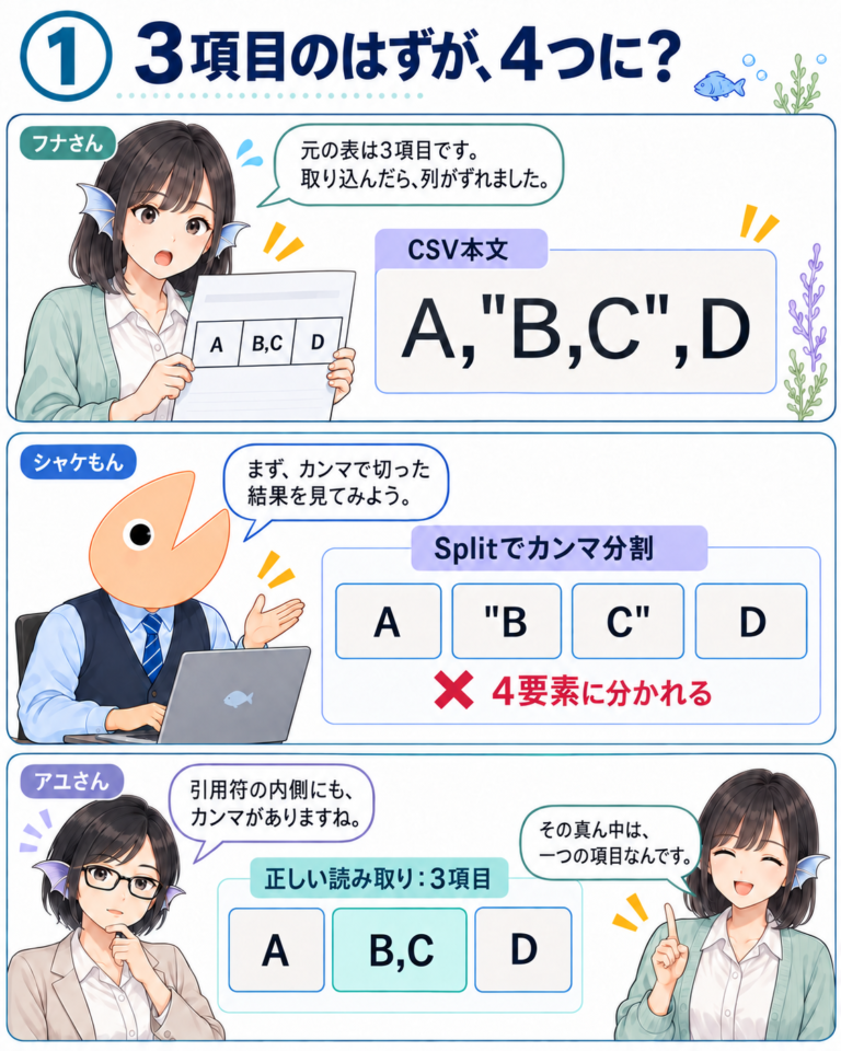 CSVをSplitだけで読めない理由の図解