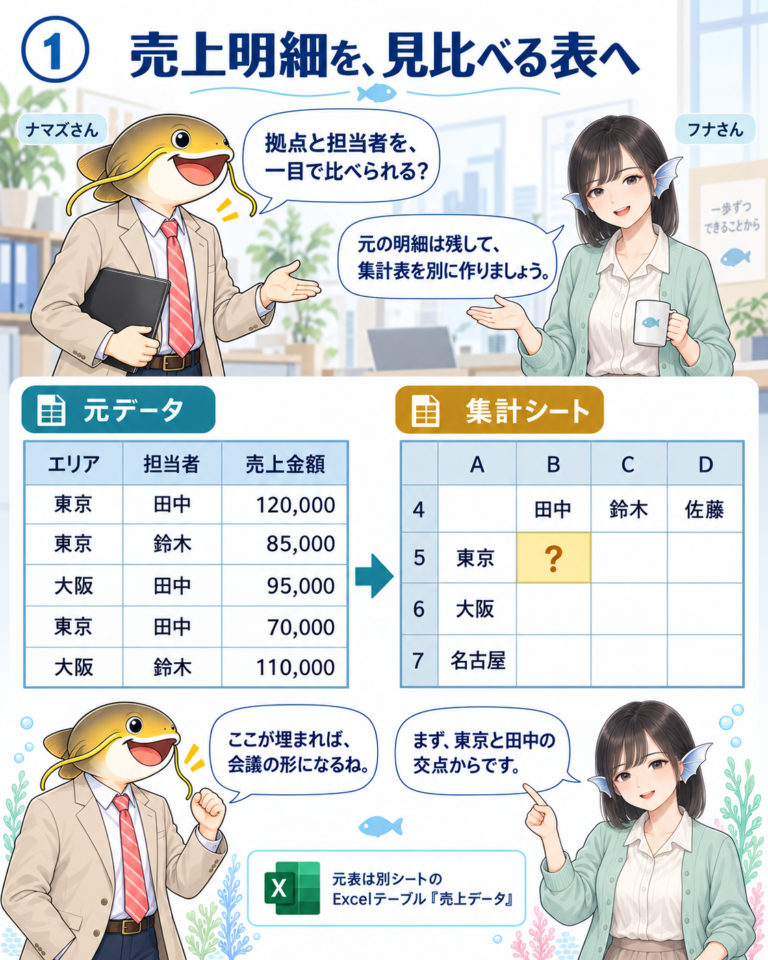 SUMIFSと複合参照でクロス集計表を作るの図解