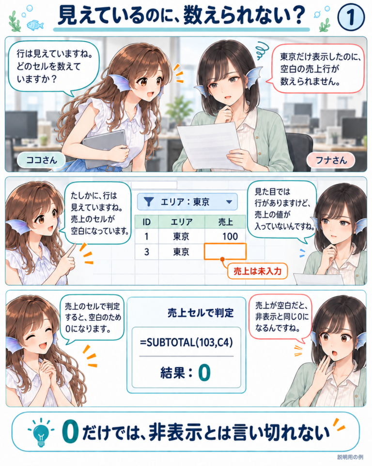 Excelの「フィルターで見えている行」を数式で判定するの図解