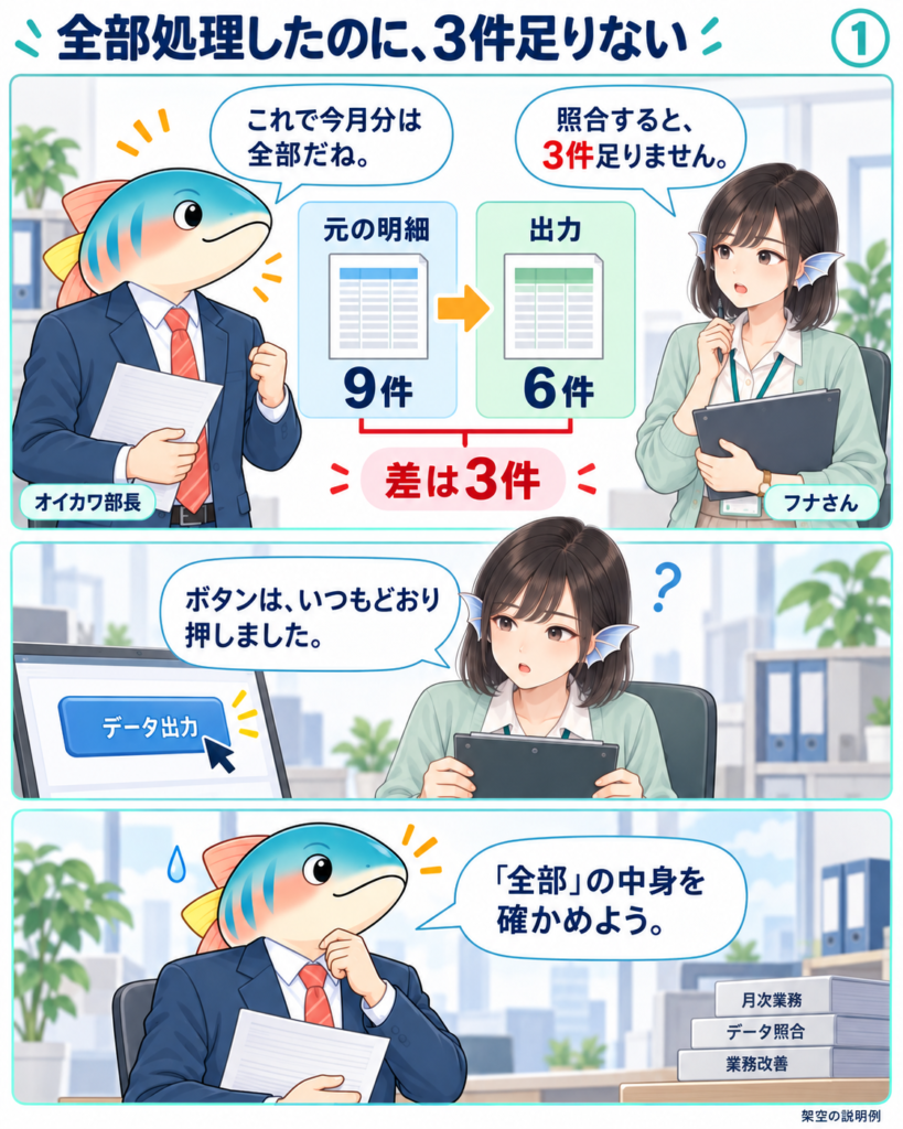 図1。オイカワ部長とフナさんが、元の明細9件に対して出力6件、差3件を確かめる。