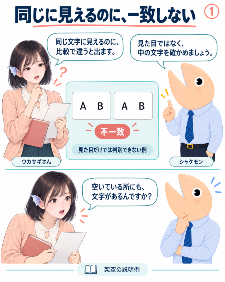 同じに見えるのに一致しない？ 見えない文字を調べようの図解