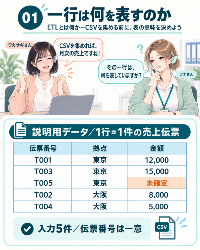 ETLとは何か — CSVを集める前に、表の意味を決めようの図解