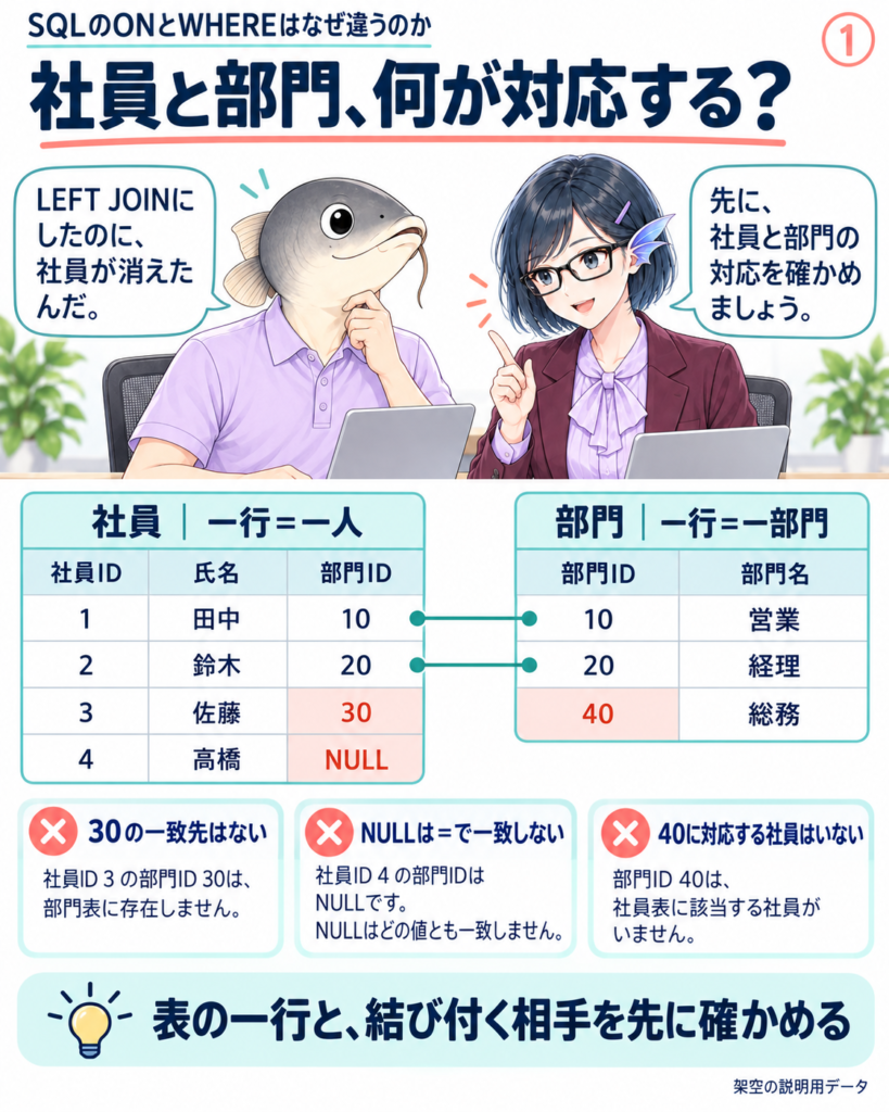 社員4行と部門3行を部門IDで対応させる。30・NULL・40には対応する相手がない。