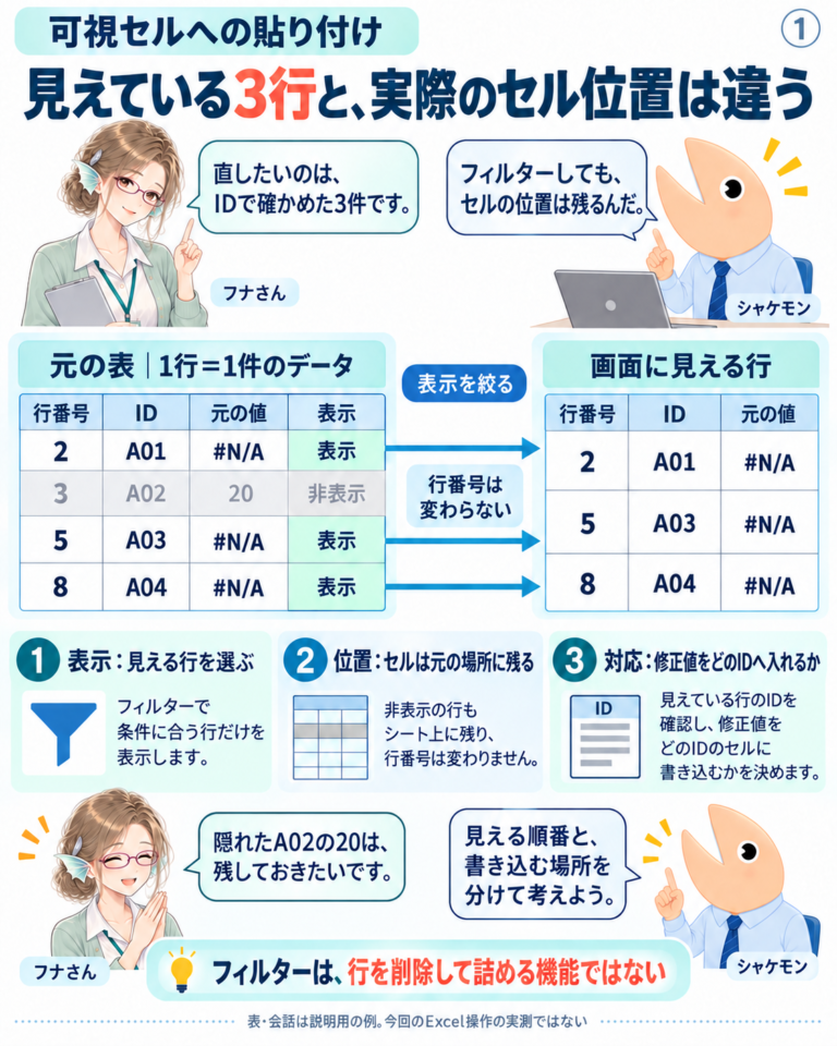 可視セルへの貼り付け――見える順番とIDの対応を分けて考えるの図解