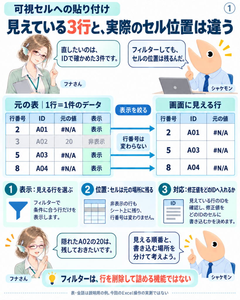 フィルター後も行2・5・8は元の位置に残り、非表示の行3のA02と20も保持される