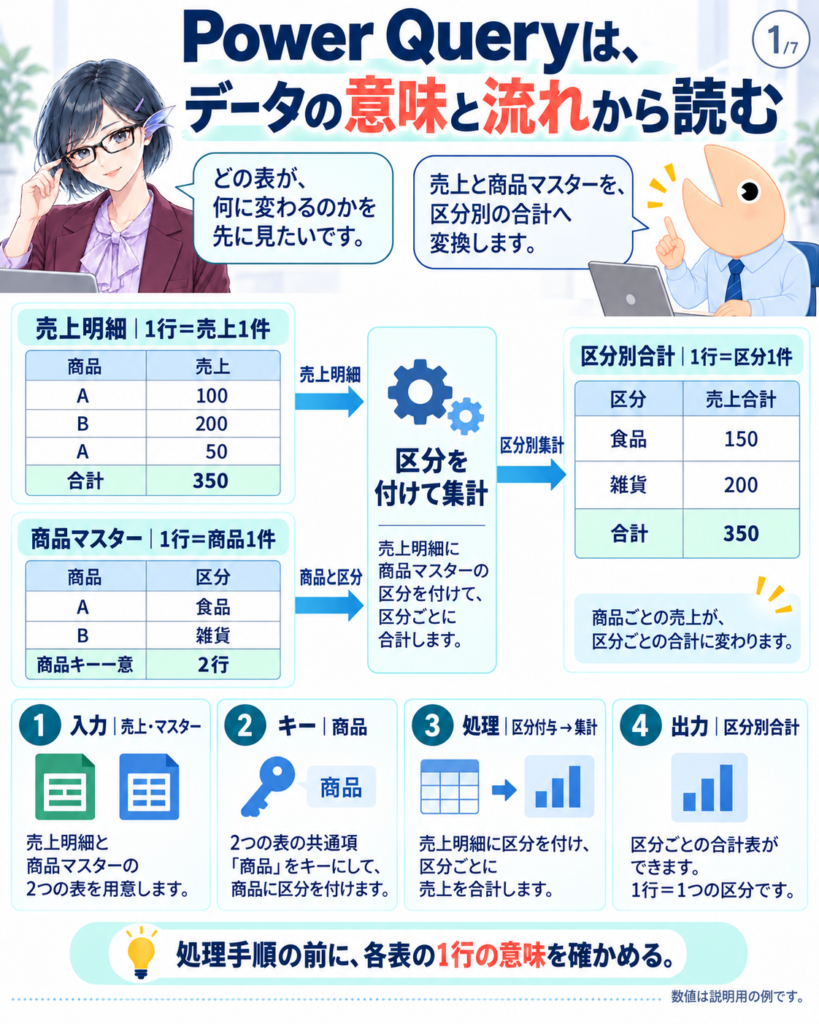 売上明細3行と商品マスター2行を入力し、食品150と雑貨200の区分別合計2行を得る