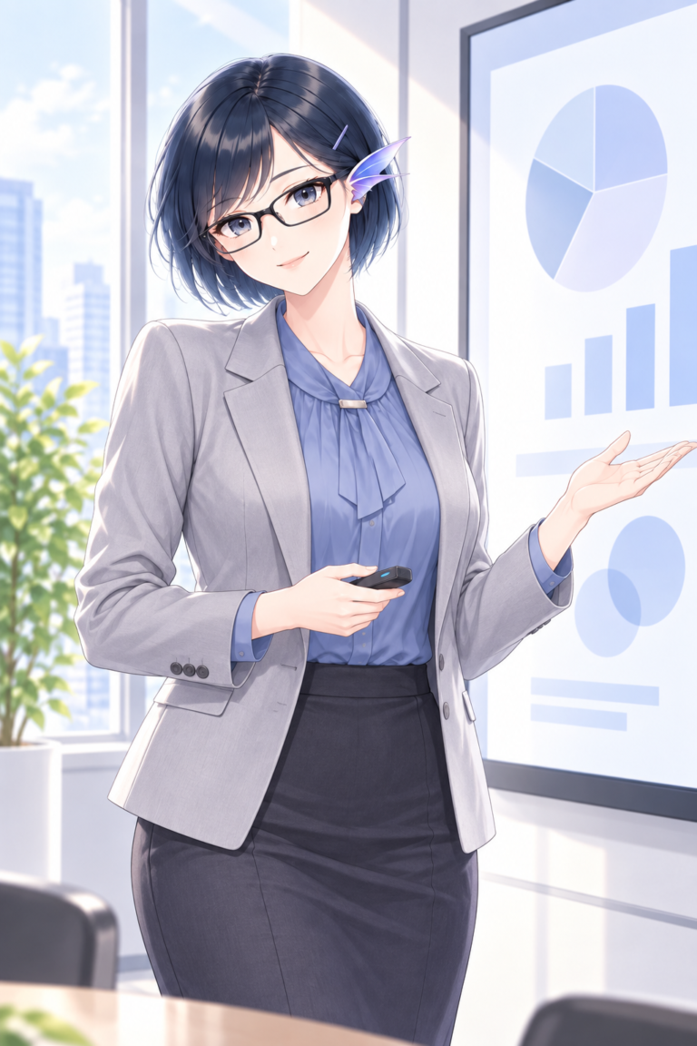 グレーのジャケットと青いブラウスを着て、図表を案内するアユさん