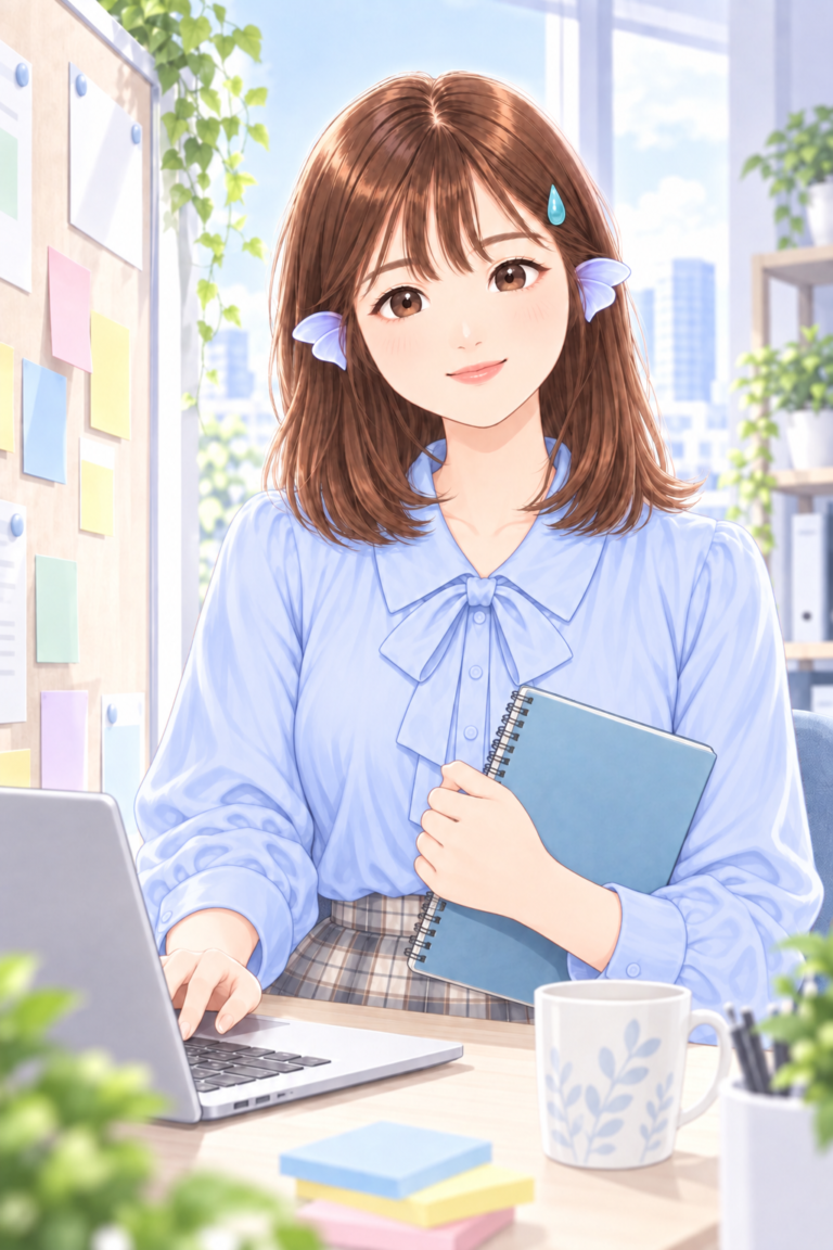 水色のブラウスを着て、ノートとパソコンで学ぶココさん