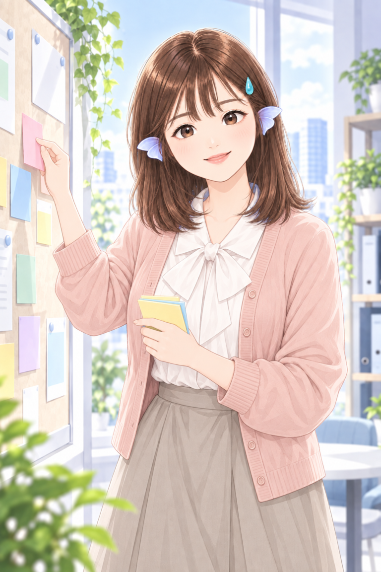 ピンクのカーディガンを着て、付箋を使って説明するココさん