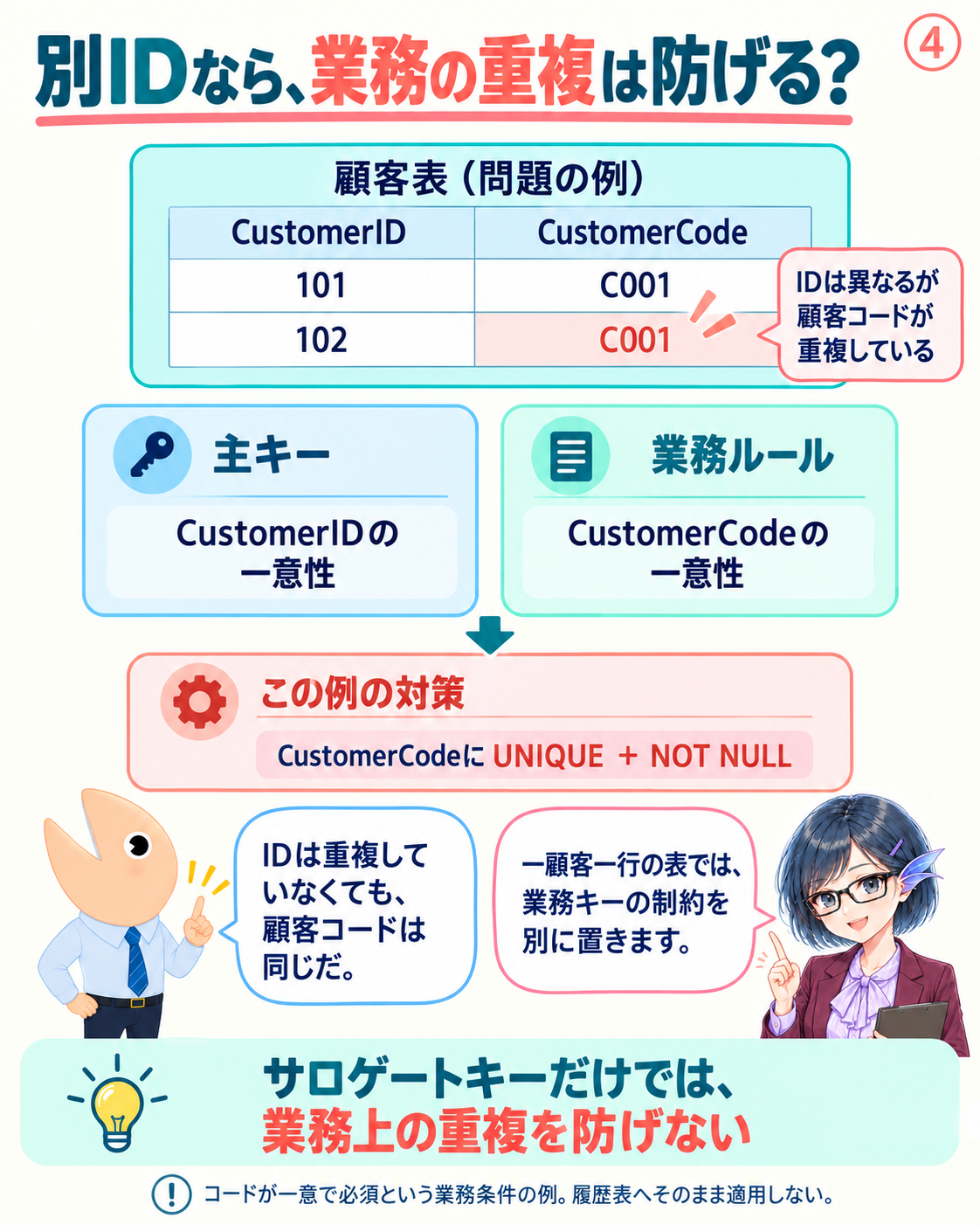 101と102という異なるIDで同じコードC001を登録できてしまう。業務上の一意性は別の制約で守る。