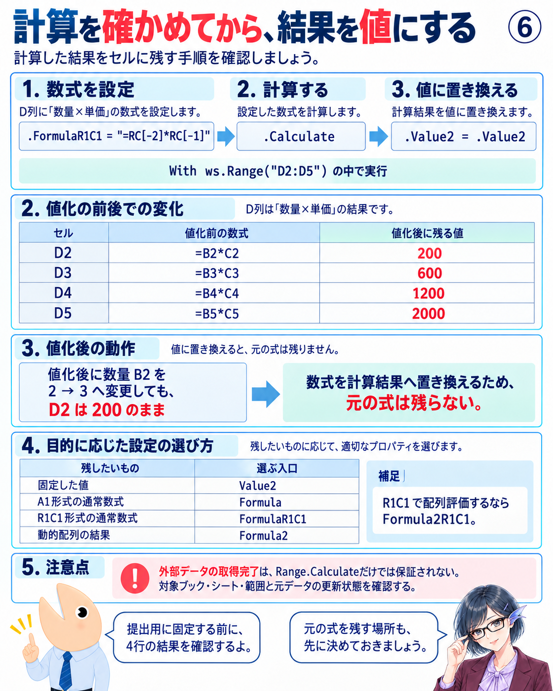 D2:D5へ数式を設定し再計算してからValue2で値へ置き換え、数式が残らないことと用途別のプロパティを確認する