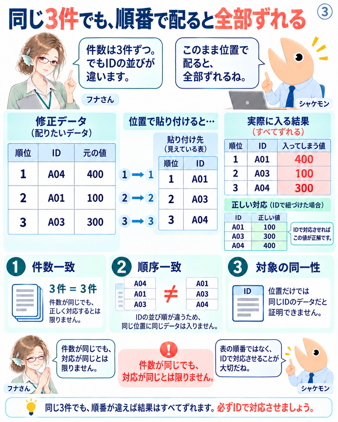 A04・A01・A03の修正値をA01・A03・A04へ位置で配ると、この例では三つとも誤対応になる