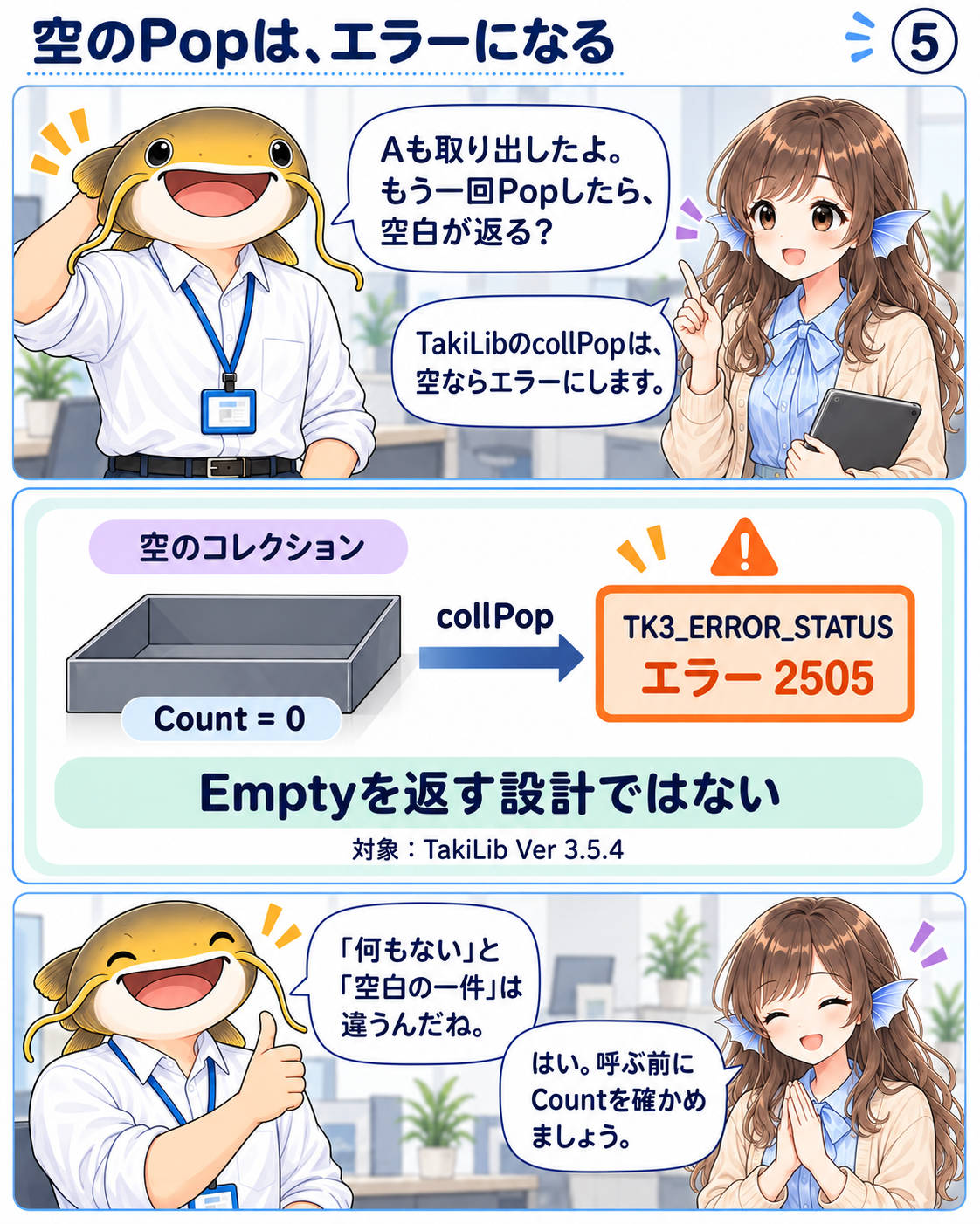 空のCollectionへTakiLibのcollPopを呼ぶと、Emptyを返すのではなくTK3_ERROR_STATUS、エラー2505を発生させる。