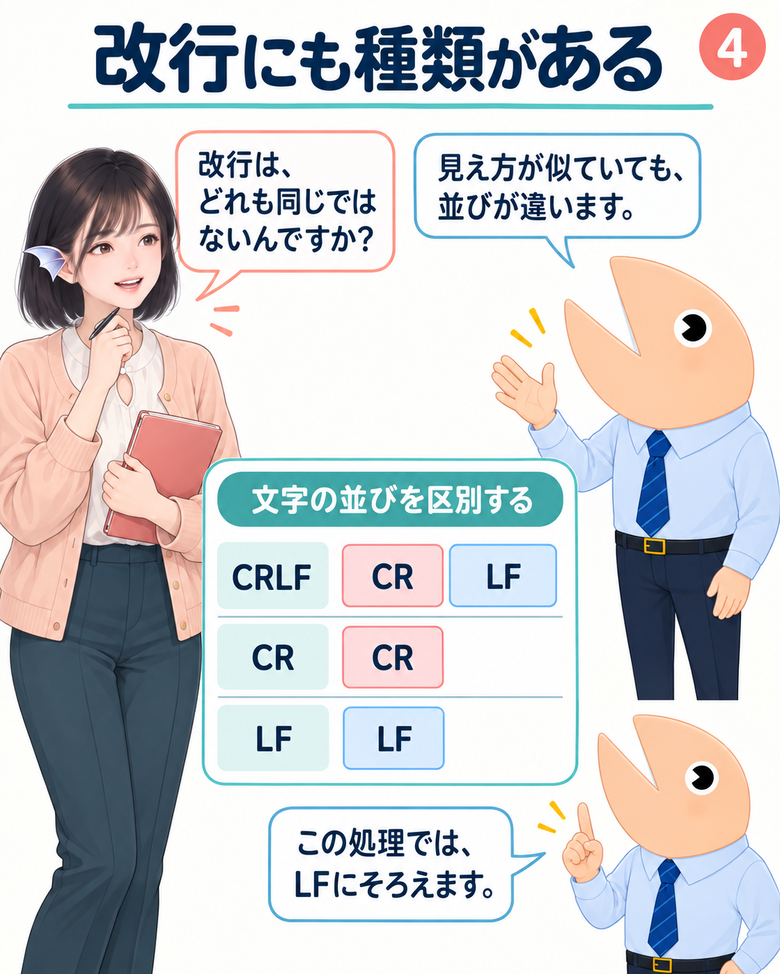 図4。CRLFはCRとLFの2文字、単独CRと単独LFはそれぞれ1文字であることを示す。