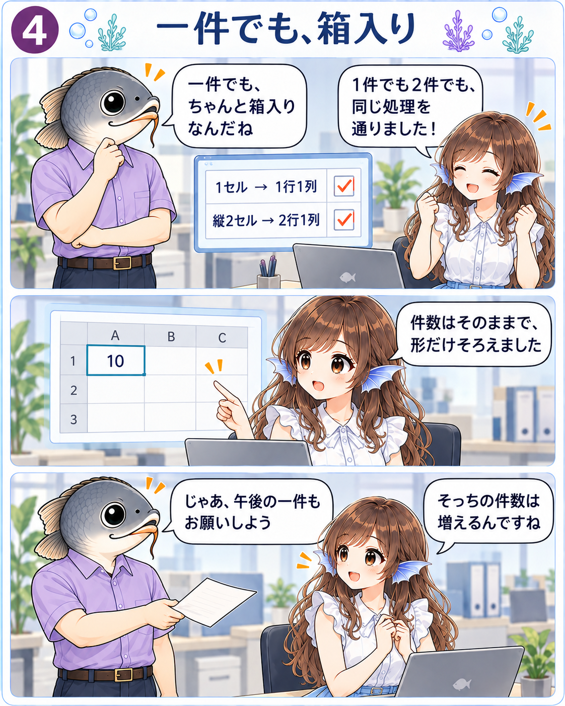 一セルでも縦二セルでも同じ処理が通ったと報告するココさん。コイ丸先輩が午後の追加依頼を渡し、ココさんが件数は増えるのですねと笑う