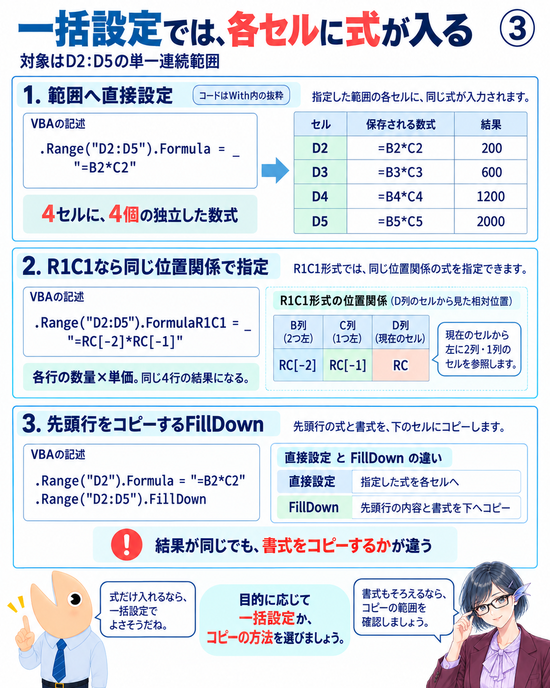 D2:D5へ数式を一括設定し各行の参照と結果を確認する方法を、R1C1での指定と先頭行をコピーするFillDownと比較する