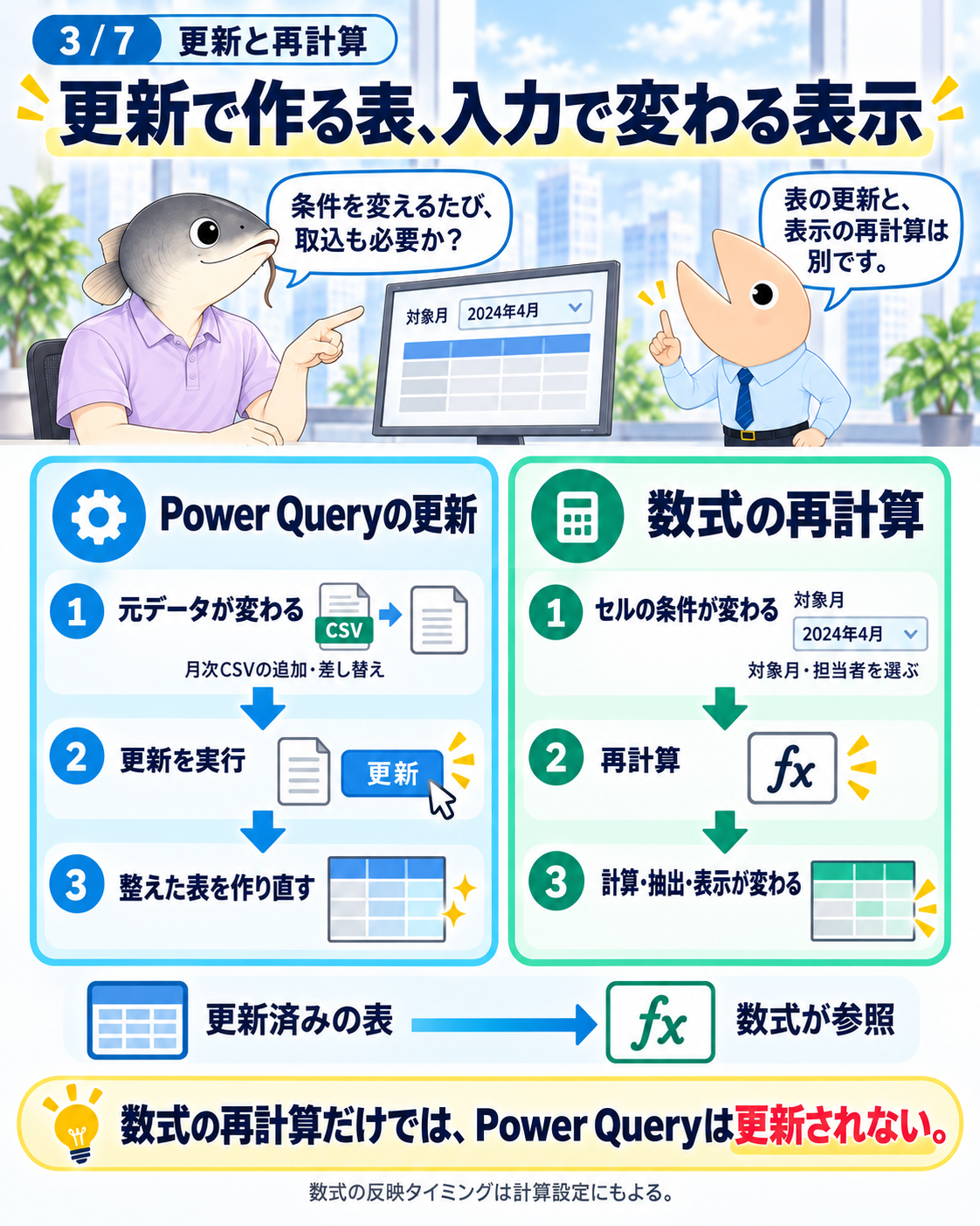 図3 Power Queryの更新は元データから表を作り直し、数式の再計算はシートの条件に応じて計算・抽出・表示を変えるという二つの契機を示す