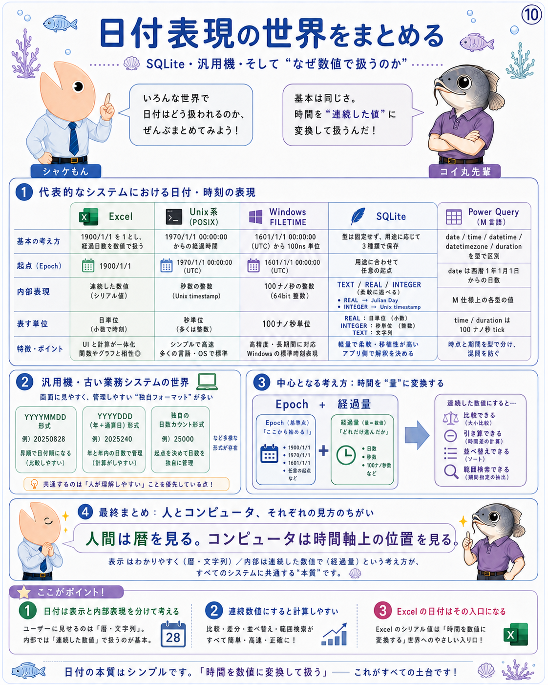 Excel、Unix、Windows FILETIME、SQLite、Power Query、汎用機の日付表現を総括