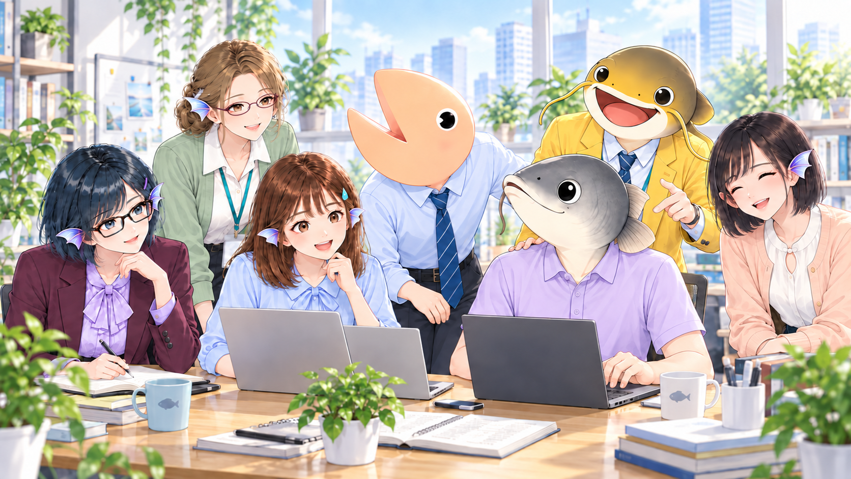 眼鏡をかけたフナさんと、シャケモン、ココさん、アユさん、ワカサギさん、ナマズさん、コイ丸先輩が、パソコンと本で楽しく学ぶLWPの仲間たち。