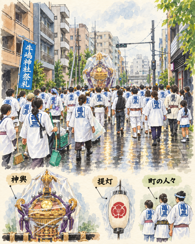 雨の亀沢を進む神輿と提灯、町の人々の図解