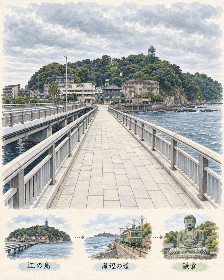橋の先に見える江の島と、海辺の道・江ノ電・鎌倉大仏を描いた旅の図解
