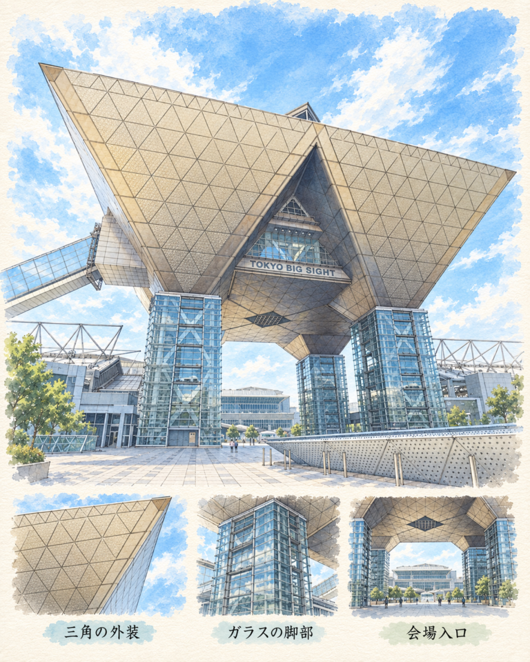 夏の空の下に立つ東京ビッグサイトを描いたDXPO出展記の図解