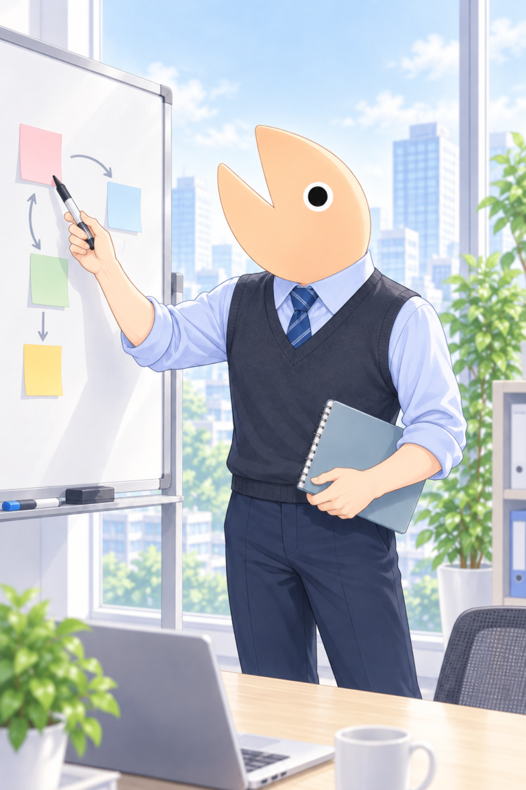紺のベストを着て、ホワイトボードで説明するシャケモン