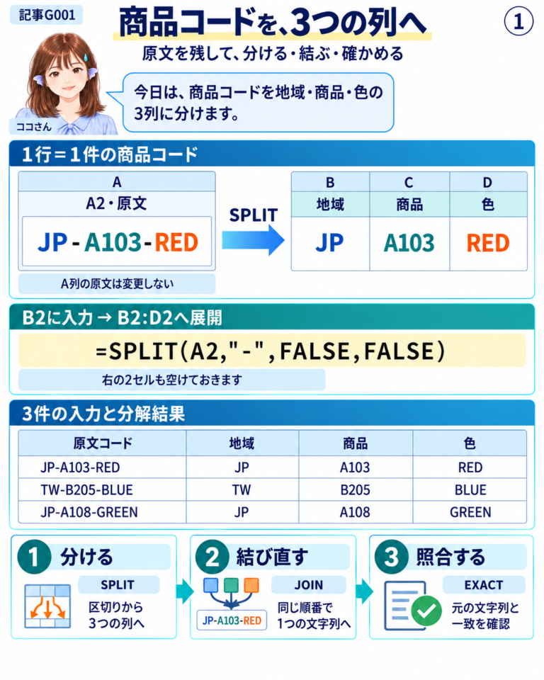 ココさんと、商品コードJP-A103-REDを分けて確かめるスプレッドシートの図解