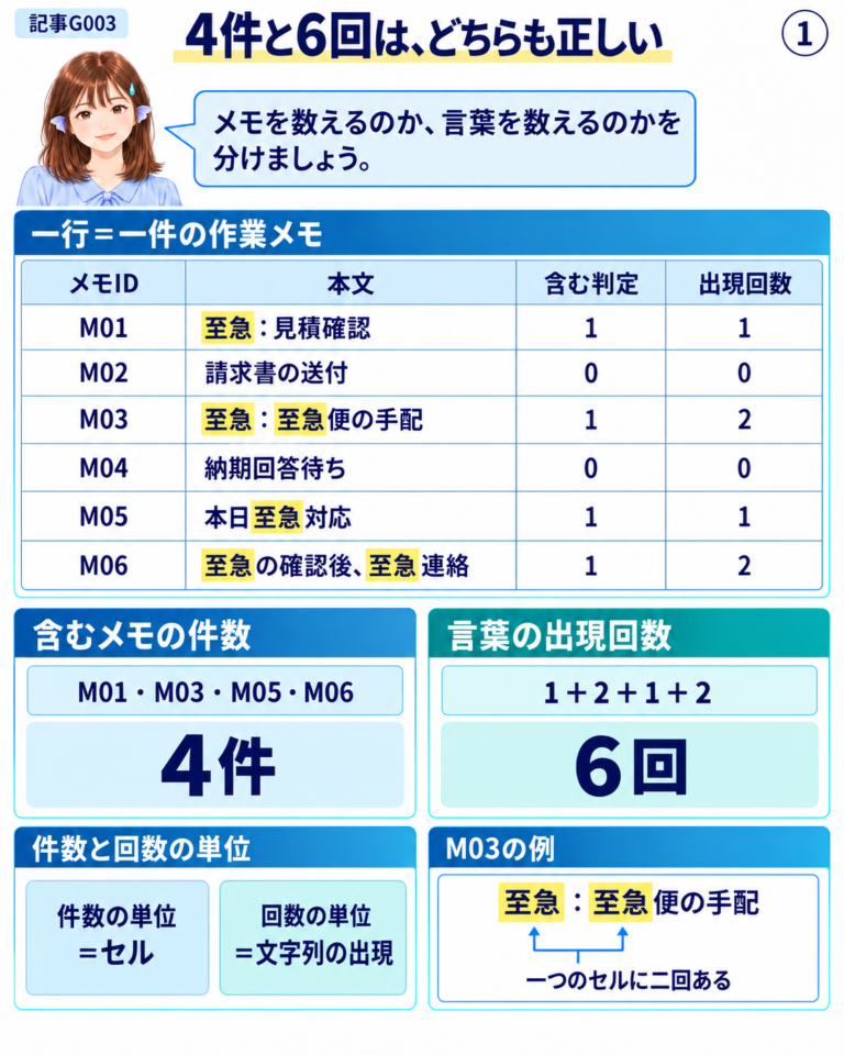 6件の作業メモから、至急を含む4件と出現する6回を数え分ける図解