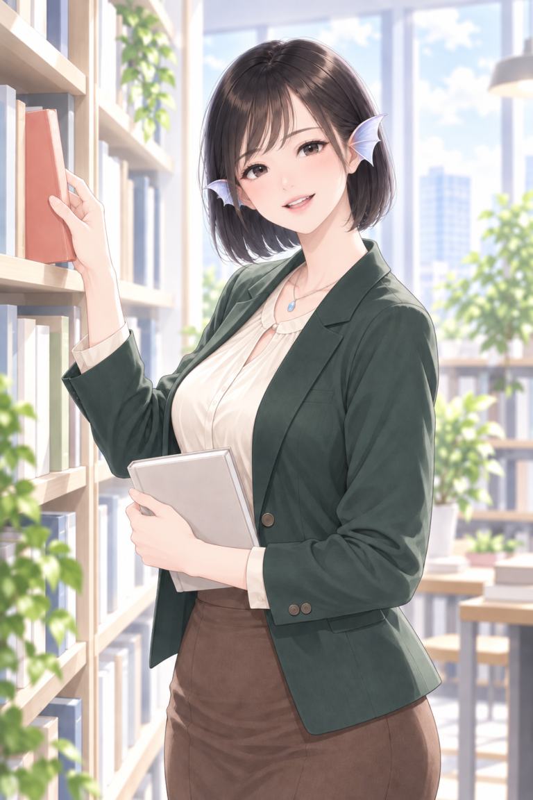 深緑のジャケットを着て、本を手に記事を案内するワカサギさん