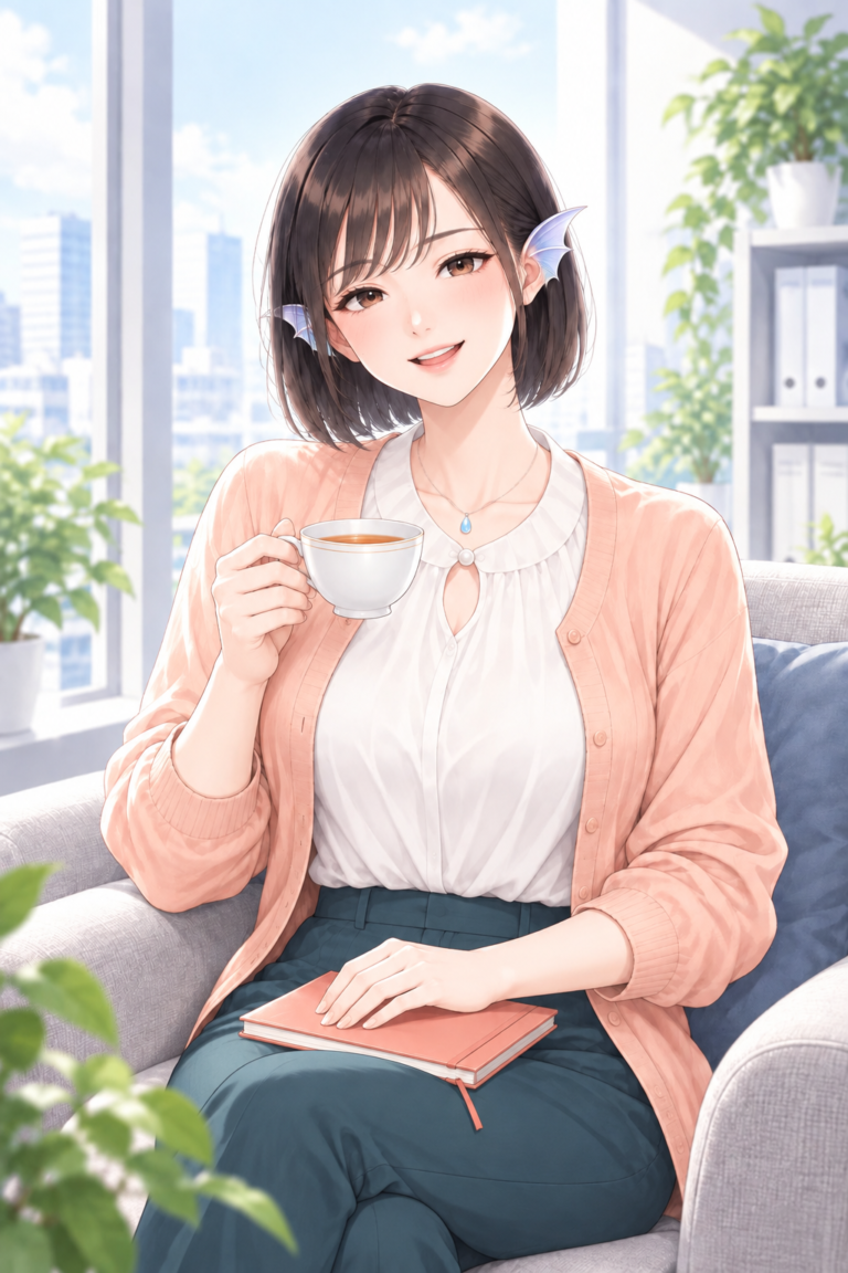 オレンジのカーディガンを着て、ノートとお茶を手にするワカサギさん